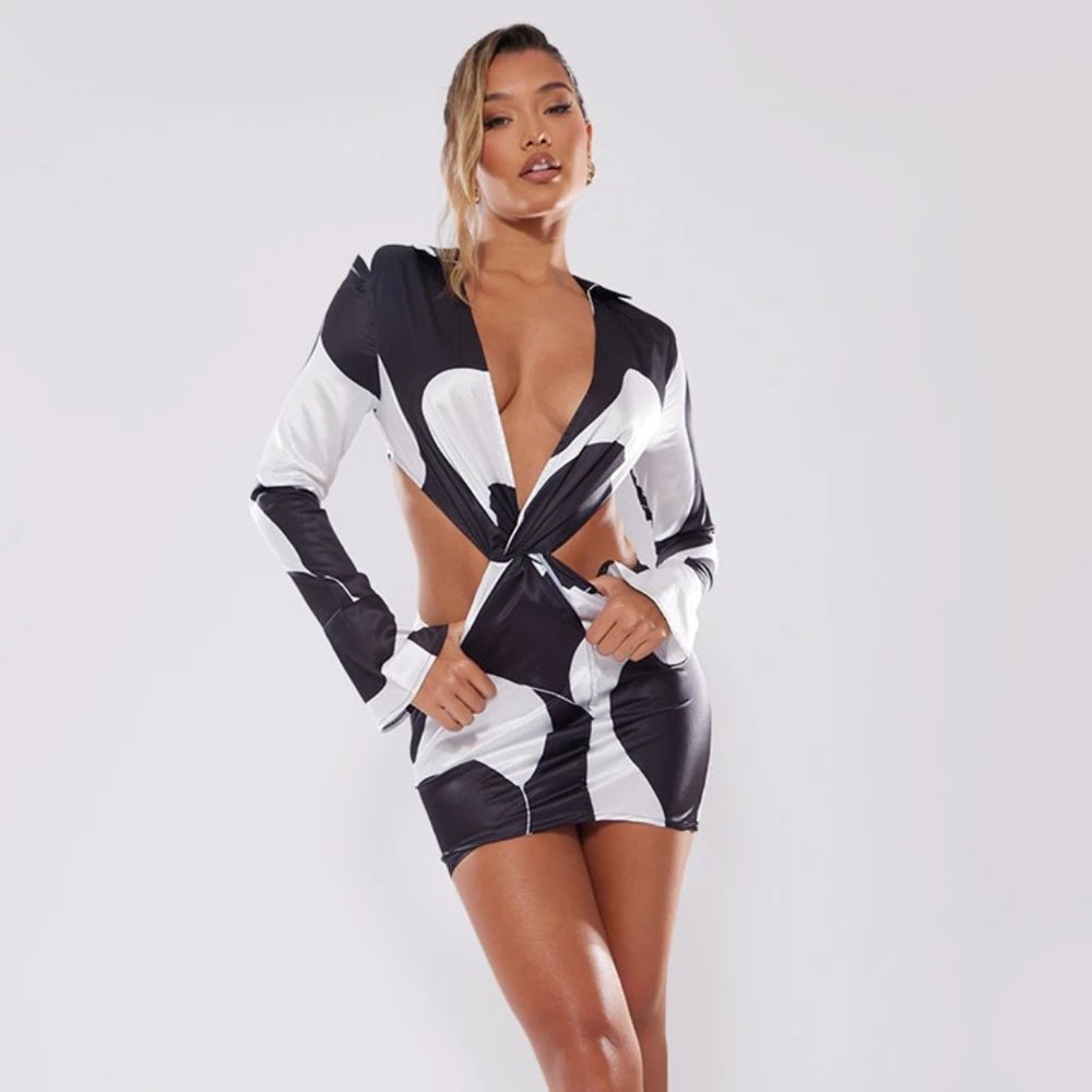 NWT Monochrome Animal Print Satin Twist Front Shirt Dress